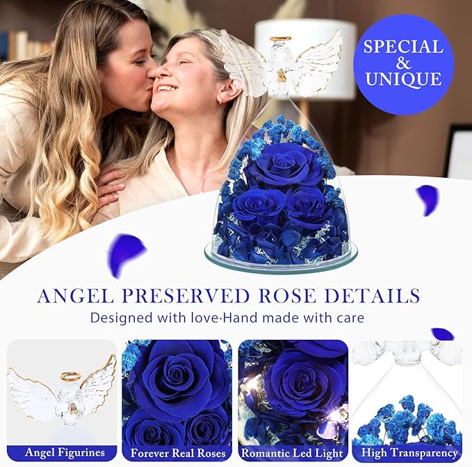 Valentines Day Gifts for Her Preserved Flower Rose Gifts for Women, Forever Eternal Fresh Flowers in Glass Angel Figurines Flowers for Delivery for Grandma Mom Sister Her Wife on Mothers Day Birthday - Bloomnest
