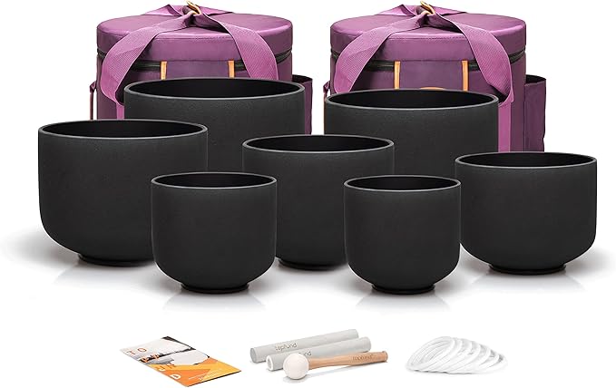 TOPFUND Chakra Set of 7 Black Crystal Singing Bowls 6-10 inch with Heavy Duty Carrying Cases and Singing Bowl Mallets - Bloomnest