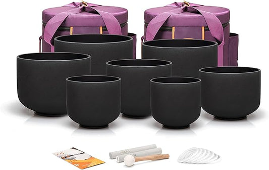 TOPFUND Chakra Set of 7 Black Crystal Singing Bowls 6-10 inch with Heavy Duty Carrying Cases and Singing Bowl Mallets - Bloomnest