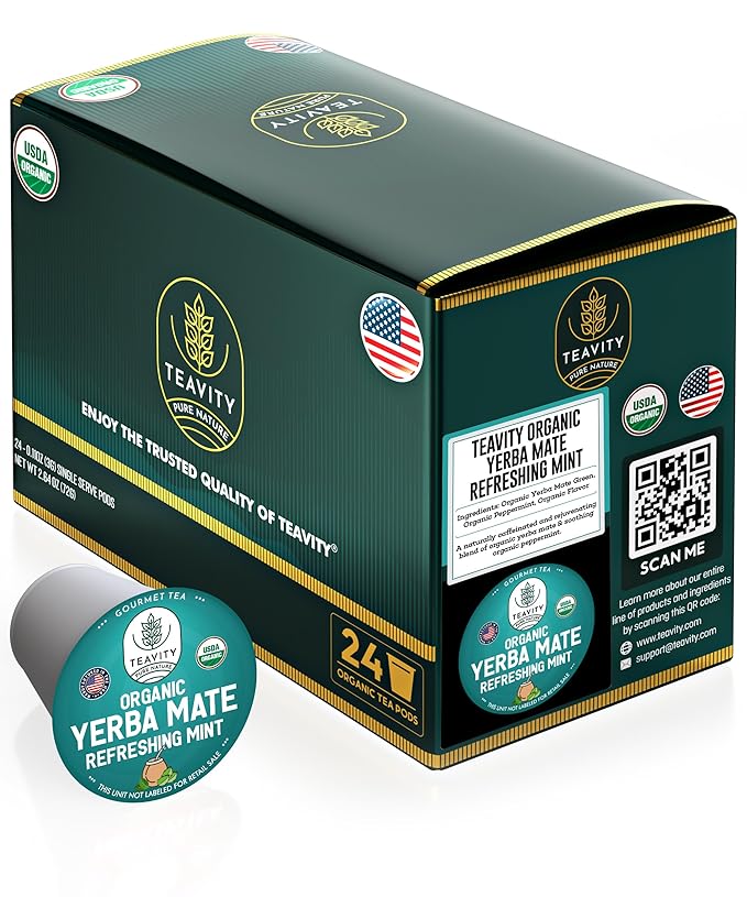 Organic Yerba Mate Refreshing Mint Tea Pods - Naturally Caffeinated Yerba Mate Tea Pod for Keurig Brewers by Teavity (24 Tea Pods) - Bloomnest