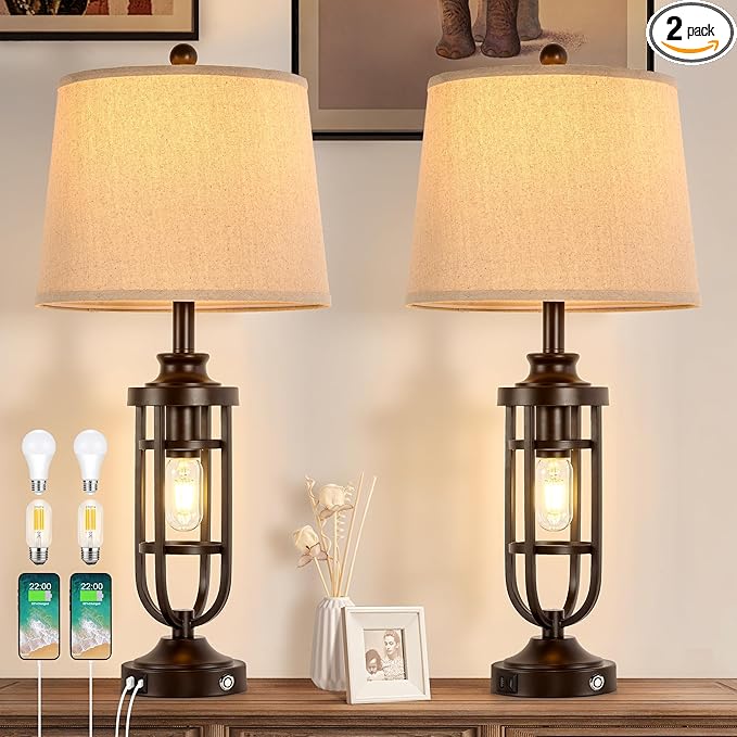28.8" Farmhouse Table Lamps for Living Room Set of 2, 3-Way Dimmable Touch Lamps with USB Ports, Rustic Nightstand Lamps for Bedroom End Tables, Bulbs Included - Bloomnest