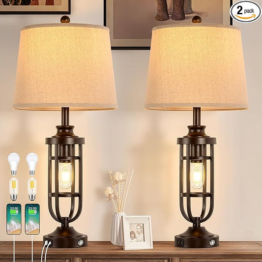 28.8" Farmhouse Table Lamps for Living Room Set of 2, 3-Way Dimmable Touch Lamps with USB Ports, Rustic Nightstand Lamps for Bedroom End Tables, Bulbs Included - Bloomnest