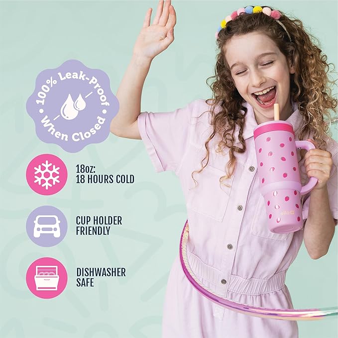 Ello Oasis 18oz Stainless Steel Kids Tumbler with Handle & Retracting Straw, 100% Leakproof, Double-Wall Vacuum Insulated, Kids Water Bottle for School, BPA Free + Dishwasher Safe, Strawberries - Bloomnest