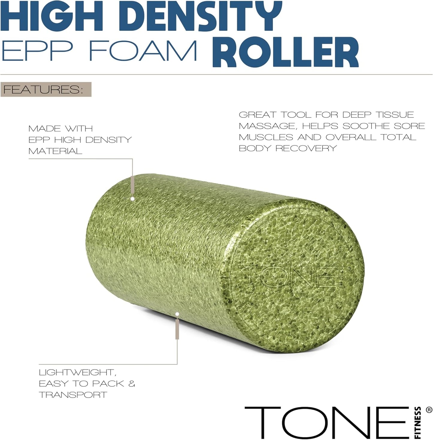 Tone Fitness High Density EPP Foam Exercise Foam Roller for Yoga, Pilates, Stretching, Massage, and Recovery | Multiple Sizes and Colors