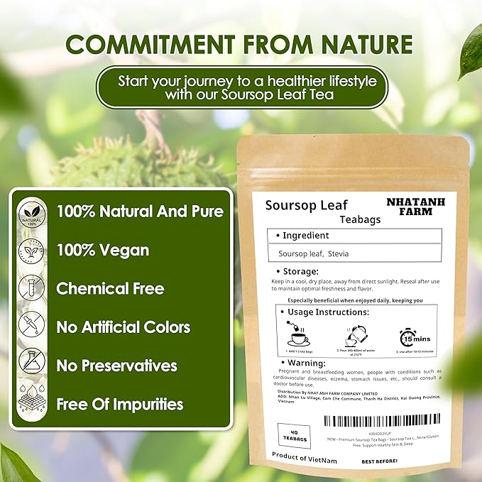 NHAT ANH FARM - Premium Soursop Leaves Tea Bags - Dried Soursop Graviola Leaves 40 Teabags, 2.5g/bag - Sugar/Caffeine/Gluten Free. Support Healthy Skin & Sleep - Bloomnest