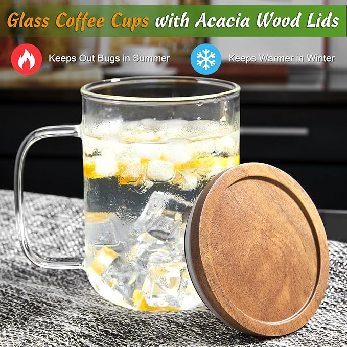 DRASTAR Glass Coffee Cups, 20 oz Large Coffee Mugs, Flat Bottomed Cups with Acacia Wood Lid, Glass Tea Cup with Handle, ClearTea Cup Set of 4 - Bloomnest