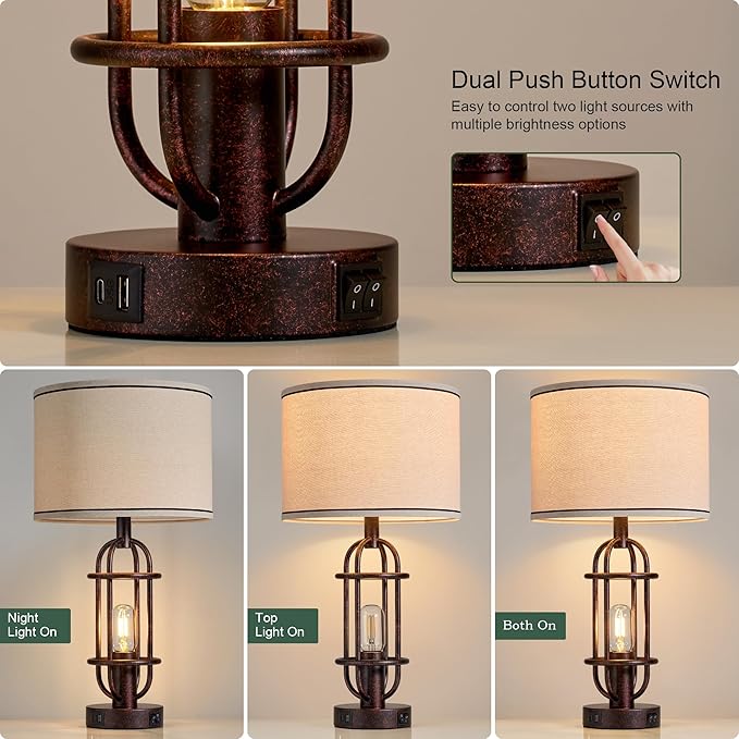 22.3" Table Lamps for Living Room Set of 2, Farmhouse Lamps for Nightstand, Vintage Table Lamps for Bedroom with USB Ports, Bulbs Included - Bloomnest