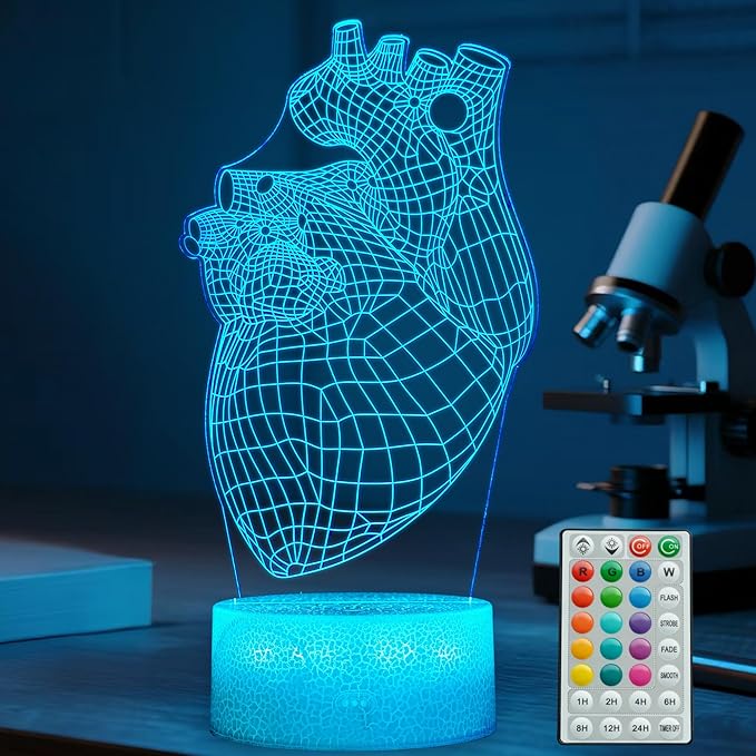 Heart Anatomy Illusion Lamp, Cardiology Gifts, 3D Night Light, 16 Colors Changing, Timer, 4 Flash Modes and Dimmable, Kids Room Decoration, Xmas Heart Model Gifts - Bloomnest