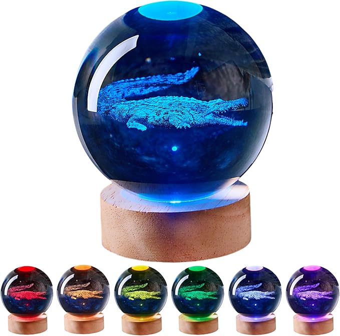 3D Large Crocodile Crystal Ball Night Light with Wooden Base, Crystal Lamp Gift for Kids Wife Friends, 16 Color Changing with Remote Control, Laser Engraved 3.15 inch Glass Ball Lamp (Crocodile) - Bloomnest