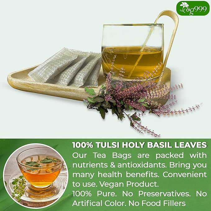 TOG999, Premium 120 Holy Basil Leaf Tea Bags, 100% Natural & Pure Holy Basil Leaves. Loose Leaf Holy Basil Herbal Tea. Holy Basil Leaf Tea. No Sugar, No Caffeine, No Gluten, Vegan. - Bloomnest