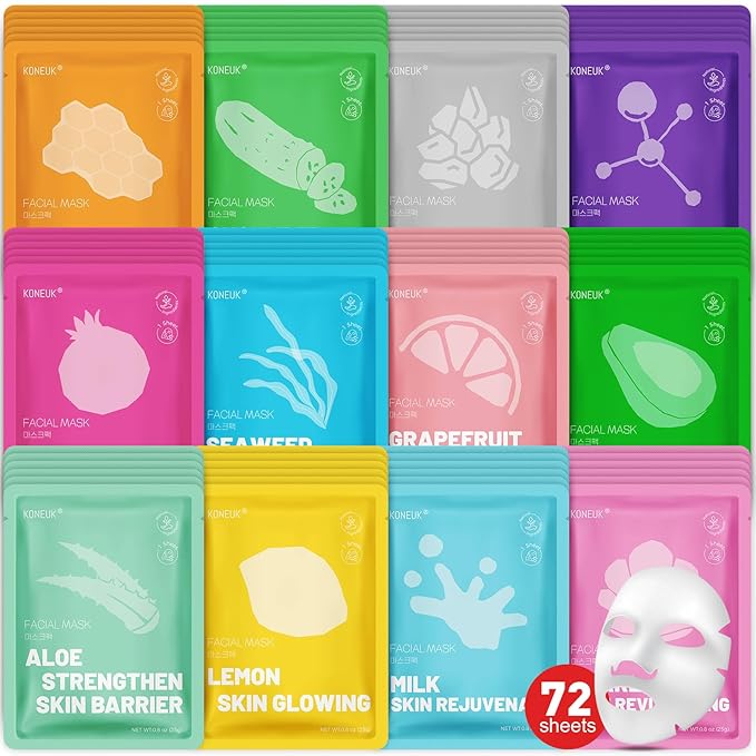72 Pack Collagen Face Masks Skincare Set for Women, Hydrating & Moisturizing Face Mask for Skin Care, Bulk Sheet Face Masks for All Skin Types, Spa Party Gifts for Women - Bloomnest