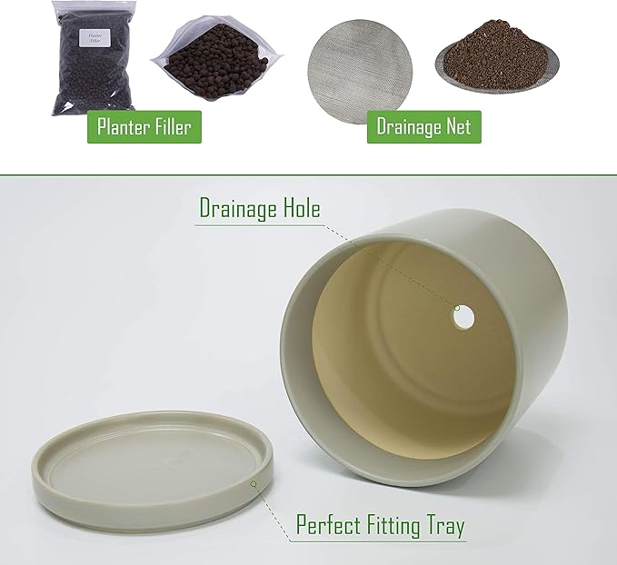D'vine Dev 8 Inch & 10 Inch Ceramic Planter Pot for Plants with Drainage Hole and Saucer, Large Plant Pots Set, Grey, 94-G-L-3 - Bloomnest