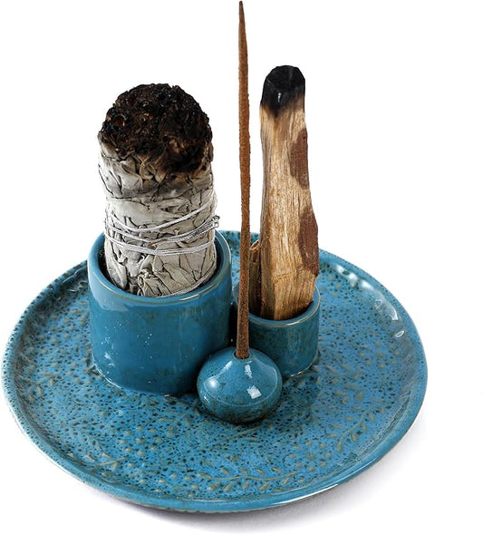 5 in 1 Incense Holder Burner, 5.9" Ceramic Holder for Burning Palo Santo Sage Candle and Incense Sticks Cones, Ash Catcher Tray for Meditation Room Home Décor(Blue) - Bloomnest