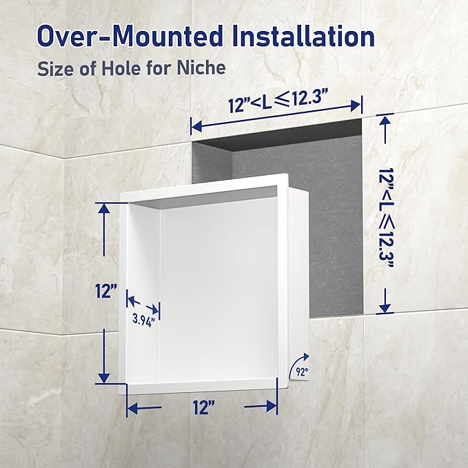 Stainless Steel Shower Niche 12" X 12" White No Tile Needed Niche Shower Recessed Wall Niches for Bathroom Storage Over Mount Installation - Bloomnest