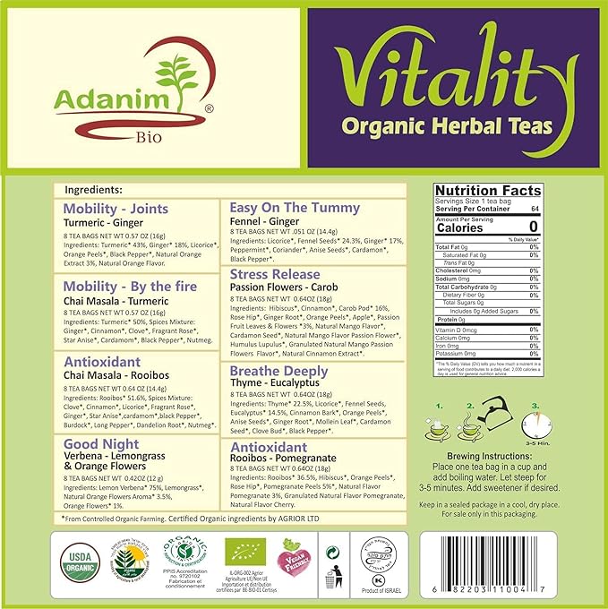 Adanim Bio Vitality Organic Tea Sampler Gift Set Box (8 Flavors Herbal Tea Variety Pack, 64 Individual Tea Bags) Caffeine Free Tea Sets, Assorted Tea Set, Tea Gifts for Tea Lovers - Bloomnest
