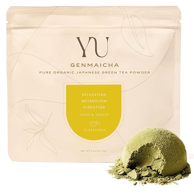 Yu Tea Organic Genmaicha Green Tea Powder, 75 Servings | Japanese Green Tea & Roasted Brown Rice | Low Caffeine & Unsweetened | Relaxation, Antioxidants & Digestion | Resealable Pouch, 2.65 oz - Bloomnest