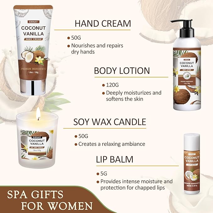 Christmas Gifts For Women - 16 PCS Birthday Gift Basket for Women Set of Coconut Vanilla Self Pampering Set, Includes Luxurious Home Spa Shower Gel Bubble Bath - Bloomnest