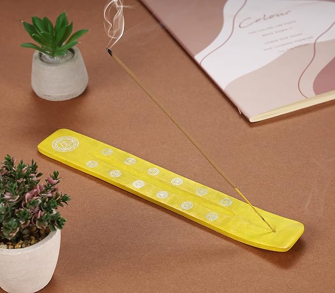 Bless-International Traditional-Handmade-Burner Wooden-Incense-Stick-Holder Ash-Catcher-Stand for-Aromatherapy-Meditation-Yoga (Positivity Yellow) 10 Inches, Pack of 2 - Bloomnest