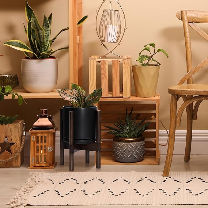 D'vine Dev Ceramic Planter with Walnut Color Stand - 8 Inch Modern Round Flower Pot with Wood Planter Holder, Black, 55-B-Y-2 - Bloomnest