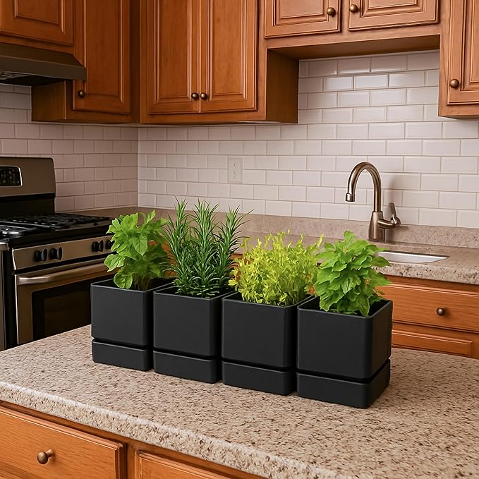 4 Inch Herb Planter Pot, Plastic Planter with Drainage Holes and Saucer, Modern Decorative Gardening Pot for Indoor Plants, Flowers, Herbs, Succulents, Black, Set of 4, 76-Y-B-4 - Bloomnest