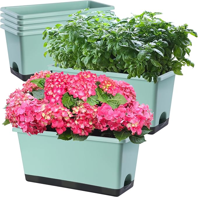Window Box Planter 6 Pcs, 17 Inches Rectangle Flower Pots with Drainage Holes and Trays, Vegetable Planters for Windowsill Patio Garden Balcony Home Porch Yard Indoor Outdoor (Green, 17*7.4*7.8 inch) - Bloomnest