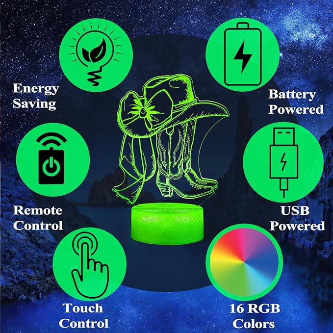 Cowgirl Gifts, Cowgirl Night Light, 3D Illusion Lamp with 16 Colors Changing, Timer, 4 Flash Modes and Dimmer with Remote Control, Western Room Decor for Holiday Birthday Christmas - Bloomnest