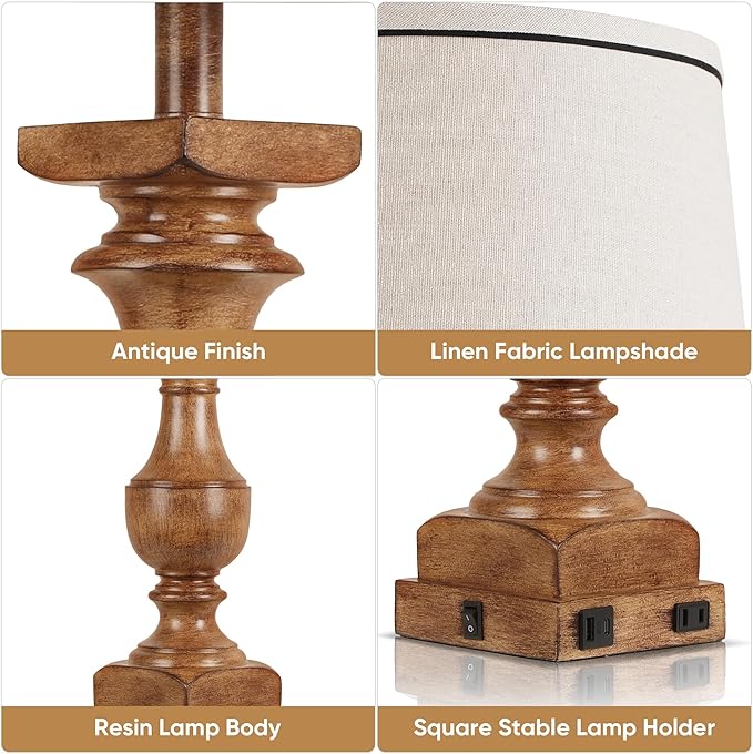 WIHTU Wood Grain Color Table Lamps, 28'' Resin Desk Lamp for Bedroom, Nightstand Lamps Set of 2, Farmhouse Bedside Lamps with Linen Shades, Rocker Switch, Table Lamps with USB A+C Port, Bulb Included - Bloomnest