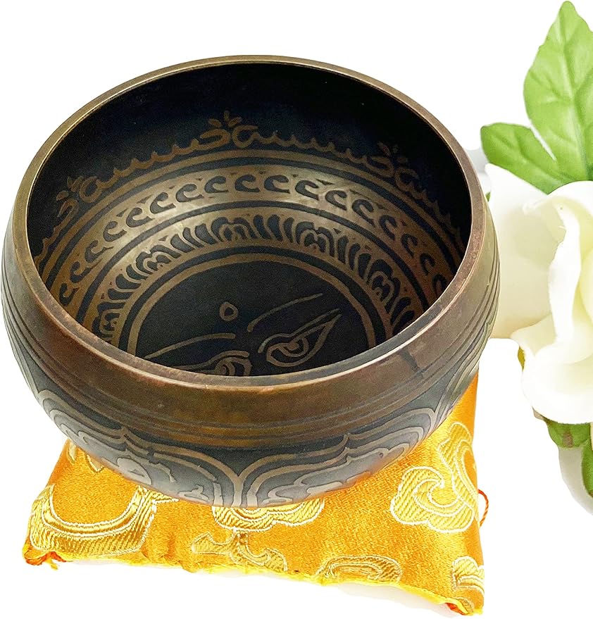 3376 SB Tibetan Auspicious Symbol Singing Bowl Set ~ Mallet Cushion Meditation Chakra Healing Prayer Yoga Mindfulness (SB-3376-E) - Bloomnest