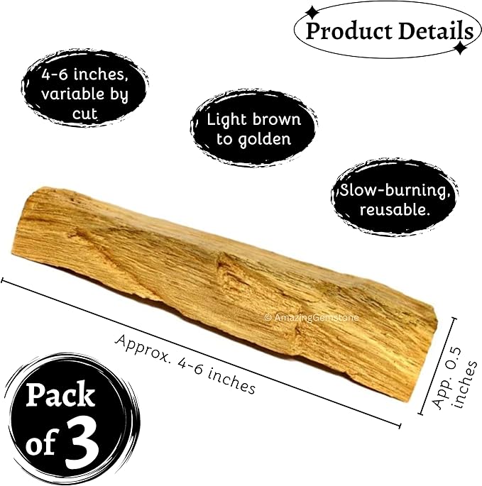 Amazing Gemstone Premium Palo Santo Sticks - 3 Pieces Authentic Palo Santo Incense Sticks for Aromatherapy, Meditation, and Cleansing - Natural Scented Fragrance for Relaxation and Spiritual Healing AmazingGemstone