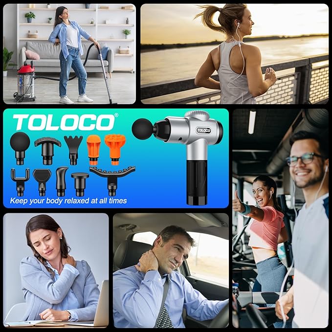 TOLOCO Massage Gun, Muscle Massage Gun Deep Tissue for Athletes with 10 Massage Heads, Electric Percussion Massager for Any Pain Relief, Gifts for Fathers Day, Silver - Bloomnest