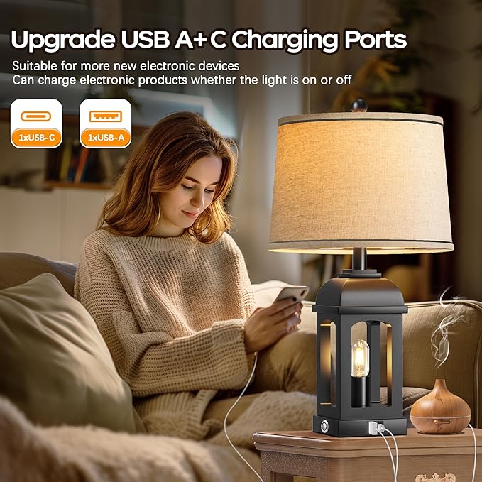 QiMH Table Lamp for Living Room, Farmhouse Lamps Set of 2 with USB A+C and Nightlight, 26" Rustic Bedside Lamps with 3-Way Dimmable Touch Control, Nightstand Lamp for Bedroom Decor, Black - Bloomnest