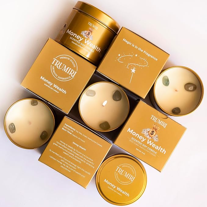 Money Wealth - Crystal Candles for Home Scented - 5oz Soy Wax Natural Clean Organic Non Toxic with Essential Oils - for Real Cash Luck Manifestation Aromatherapy Gift Bathroom - Long Lasting Candel TRUMIRI