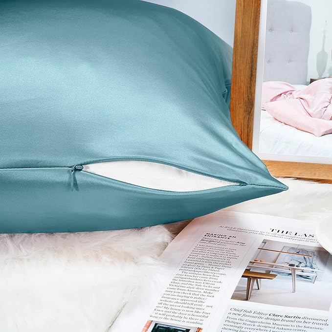 100% Mulberry Silk Pillowcase for Hair and Skin, 22 Momme Pure Natural Silk Pillow Case Both Sided with Zipper, Pillow Cover for Women Mom Men (Airy Blue, King 20''×40'', 1 Pack) - Bloomnest