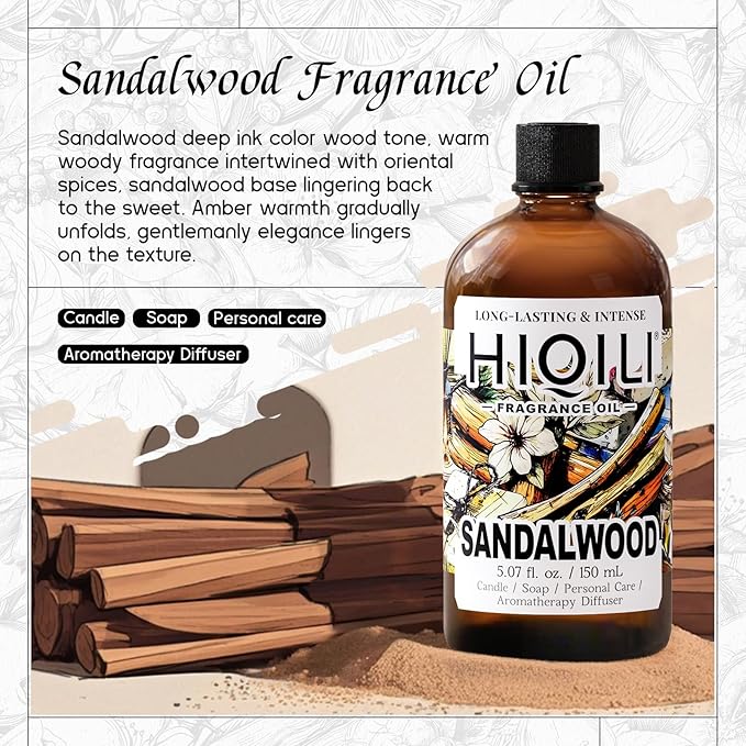 HIQILI Sandalwood Fragrance Oil for Home Diffuser, Luxury Hotel Scent, Perfect for DIY Candle & Soap Making, Add to Body Lotion - 5.07 Fl Oz HIQILI