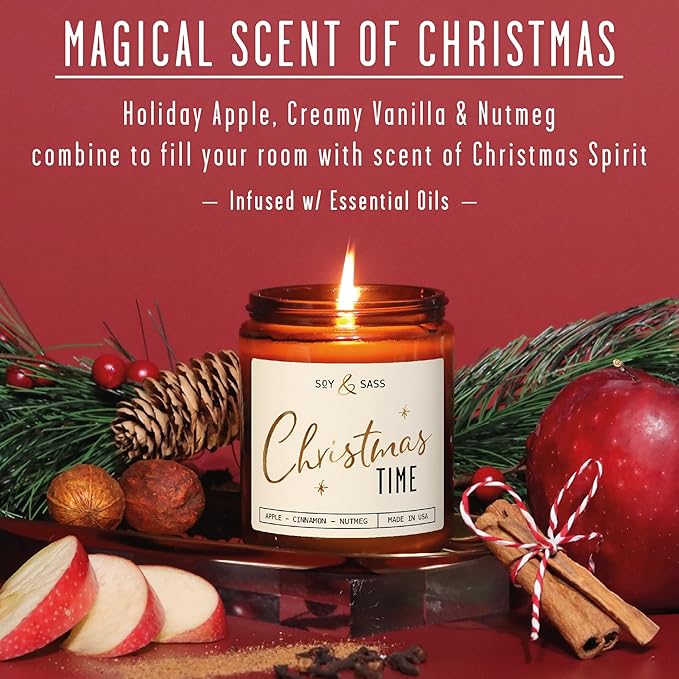 Christmas Candles Scented – ‘Christmas Time’ Soy Christmas Candle, w/Apple, Cinnamon, Clove - Infused with Essential Oils I Holiday Candles I 9oz, 50Hr, Made in USA - Bloomnest