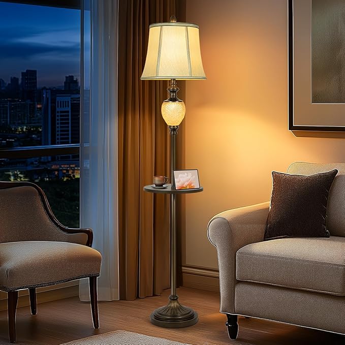 64" Vintage Floor Lamp for Living Room with Tray and Nightlight Farmhouse Tall Standing Lamp with Beige Faux Silk Shade Rustic Reading Lamp Decor for Bedroom Home Office Hotel Bar (Bulb Included) - Bloomnest