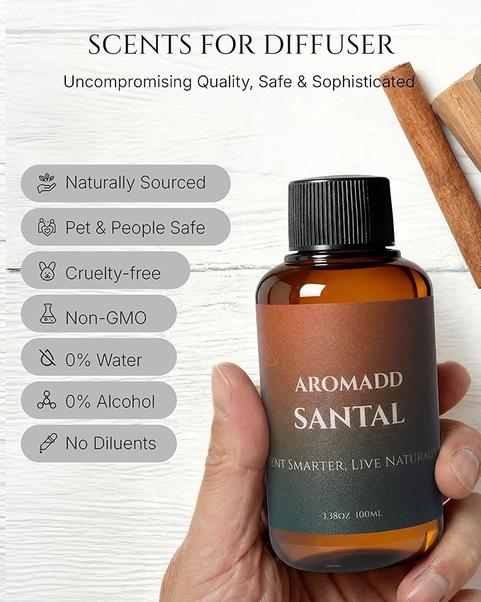 Aromadd Santal Diffuser Oil Inspired by Luxury Hotel Scent, Essential Oils for Waterless Diffuser, Warm Sandalwood & Amber Aroma, Long-Lasting & Natural Home Fragrance - 3.38 fl oz (100 mL) - Bloomnest