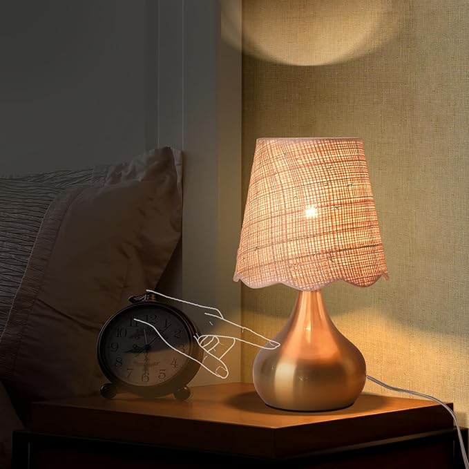 Gold Small Bedside Table Lamp Touche Control 3-Way Dimmable Brass Mini Table Lamps for Nightstand, Rattan Shade Small Table Lamps for Small Spaces for Kitchen Counter, Bookshelf, Bedroom - Bloomnest