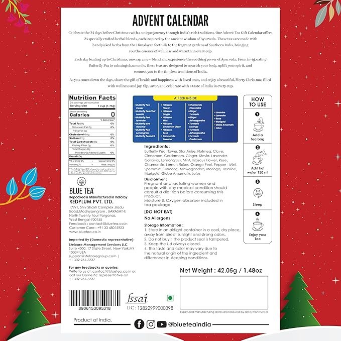 BLUE TEA - Advent Calendar 2025 (Red) - 24 Tea Bags - Plant Based - 24 Unique Tea | Limited Edition | Sampler & Variety Pack | Caffeine Free - Herbal Tea - Christmas Holiday Unique Advent Calendar Tea Gift Set | Gift Idea for Men and Women - Bloomnest