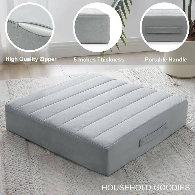 2 Pcs High Density Foam Floor Pillow - Upgraded Large Pillows Seating for Adults - Outdoor Floor Cushion with Soft Tufted Cover - Yoga Pillows for Sitting On Floor - 22 Inch Light Gray - Bloomnest
