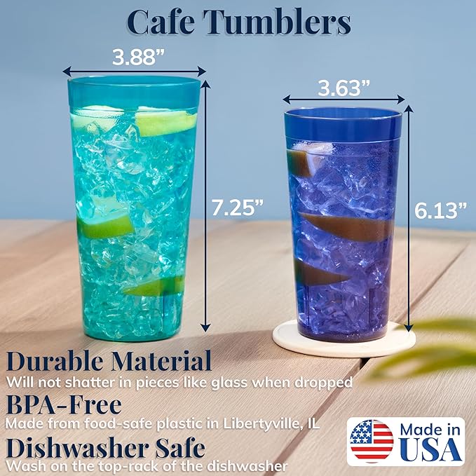 US Acrylic Cafe Plastic Reusable Tumblers (Set of 16) 20oz Water & 32oz Iced-Tea Cups Coastal Colors, Restaurant Style Drinking Glasses, Stackable, BPA-free, Made in the USA, Top-rack Dishwasher Safe - Bloomnest