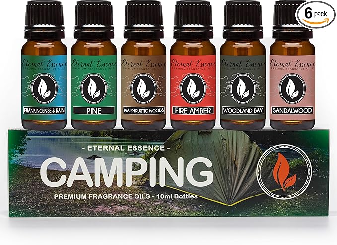 Eternal Essence Oils Camping Set of 6 Premium Fragrance Oils - Includes Warm Rustic Woods, Fire Amber, Pine, Sandalwood, Frankincense & Rain and Woodland Bay Scented Oils - 10ML - Bloomnest