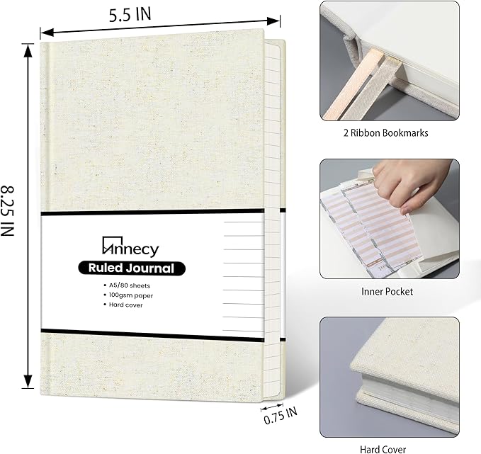Annecy Lined Journal Notebook, Hardcover Leather Journal for Women & Men, 160 Numbered Pages, Medium 5.5" x 8.25", 100 GSM Thick Paper, Beige - Bloomnest