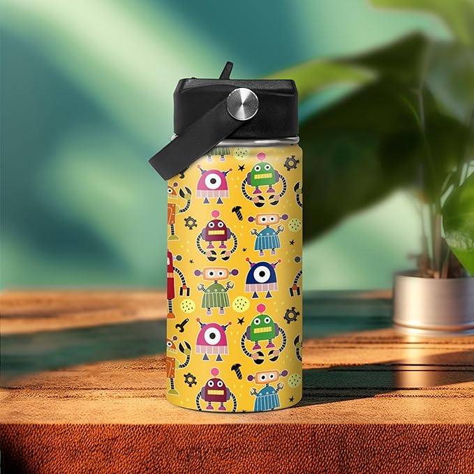 Kids Water Bottle with Straw Robot Insulated Water Bottles 12oz Stainless Steel Travel School Tumbler Double Wall Vacuum Cup for Boys Kid - Bloomnest