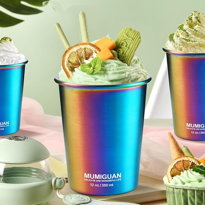Stainless Steel Cups for Kids 12oz/350ml (4 Pack), Children's Rainbow Electroplating Cups, Camping Stainless Steel Cups, Stackable Metal Drinking Glasses, Toddler Stainless Steel Tumbler, BPA Free - Bloomnest