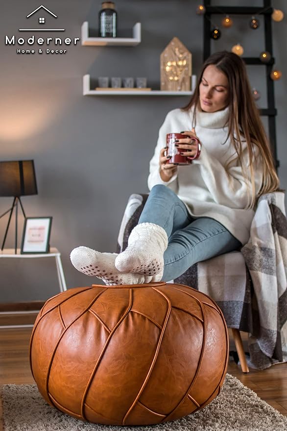 Moderner Faux Leather Pouf Unstuffed Ottoman Moroccan Footstool, Floor Footrest Cushion, Storage Solution - Natural Brown Color - Bloomnest