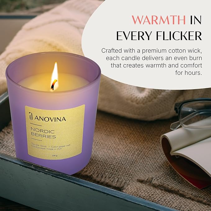 Anovina Nordic Berries Luxury Scented Candles | Exotic Nordic-Inspired Lingonberry, Rose & Musk Soy Blend Jar Candle | Hand Poured in USA | Highly Scented & Long Lasting - Bloomnest