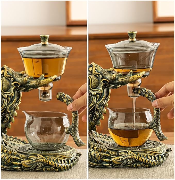 Dragon Lazy Tea Set, Semi Automatic Dragon Tea Set, Glass Magnetic Teapot Set with Infuser, Semi Automatic Tea Drip Pot Set for father's birthday, Christmas gift
