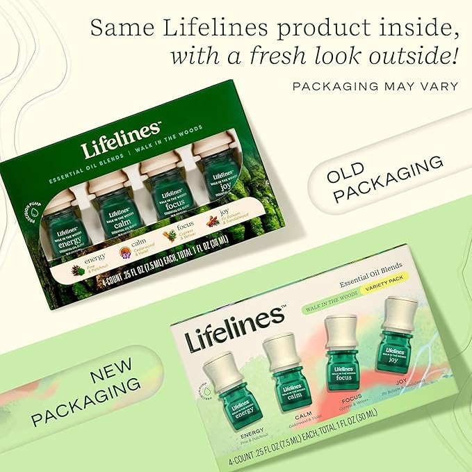 Lifelines Essential Oil Blends, 4-Pack - Blended Essential Oils with Precision Pump for Aromatherapy Diffusers - Long-Lasting Scented Fragrance - Walk in The Woods (Joy, Calm, Focus & Energy) - Bloomnest