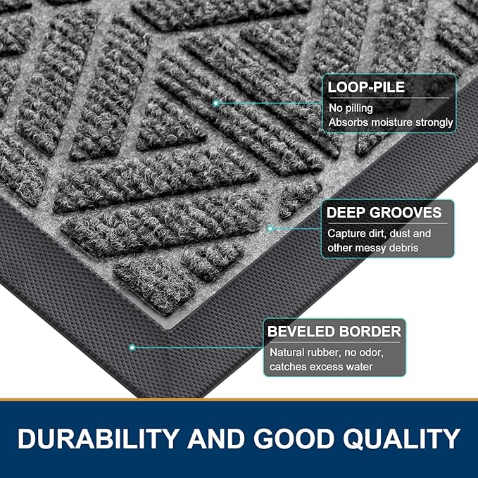 Smiry Front Door Mat Outside Entrance, Heavy Duty Sturdy Natural Rubber Doormat, Trap Dirt and Moisture, Easy Clean Low Profile Mats for Indoor Outdoor Entry, Grid Geometric (47x32, Silver Grey) - Bloomnest